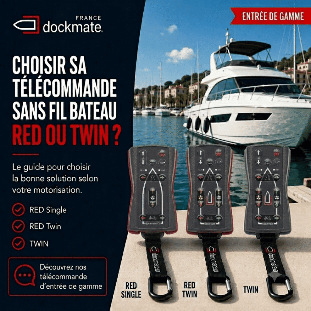 Comparatif trois télécommandes sans fil Dockmate RED Single, RED Twin et TWIN posées sur un bateau en marina – choisir sa télécommande sans fil bateau