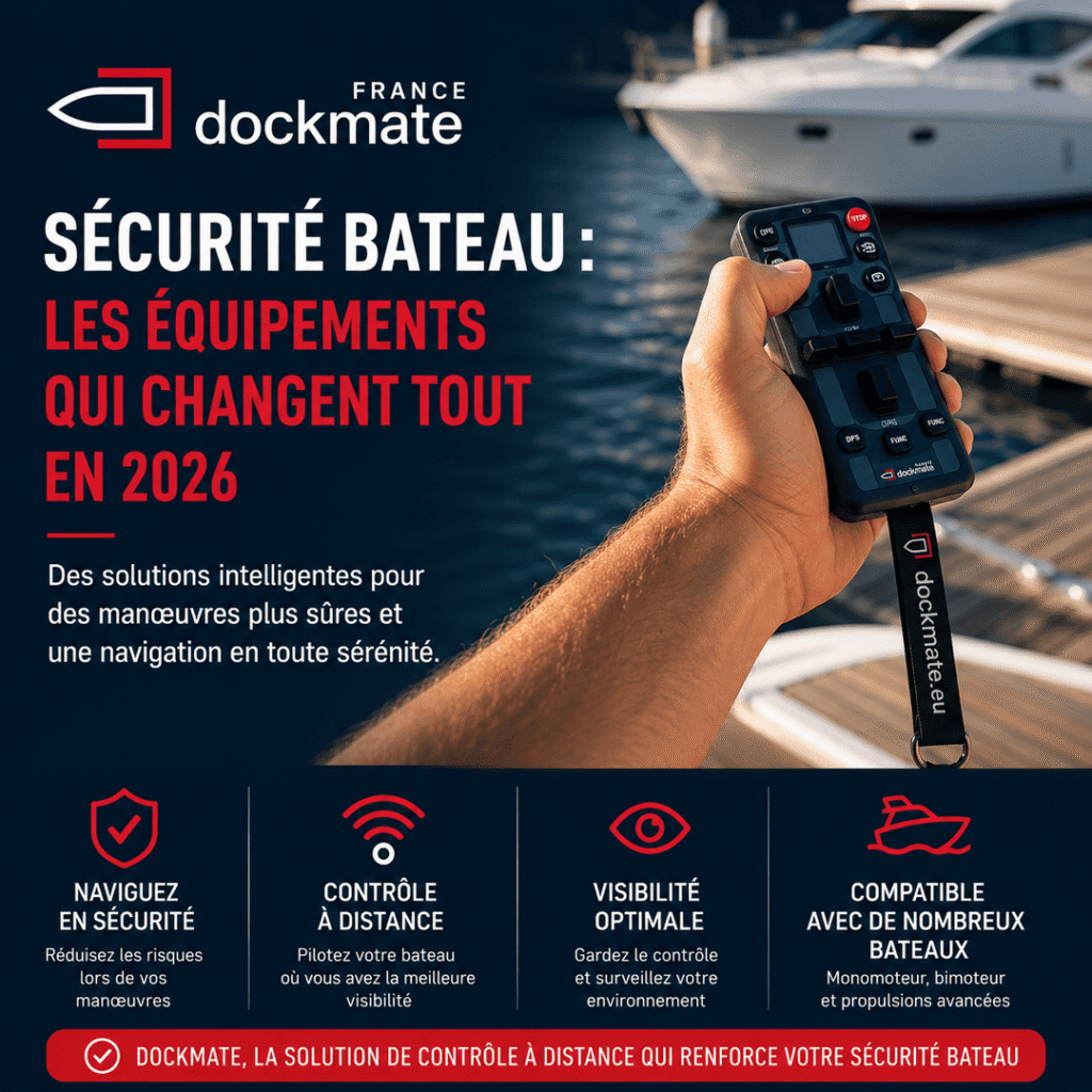 Télécommande Dockmate utilisée lors d’une manœuvre d’amarrage pour améliorer la sécurité bateau dans une marina