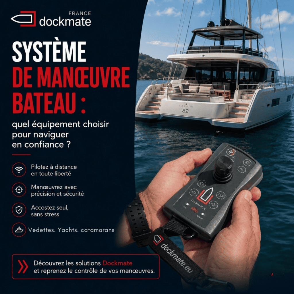 Main tenant une télécommande Dockmate avec un catamaran Lagoon 82 en arrière-plan – système de manœuvre bateau sans fil