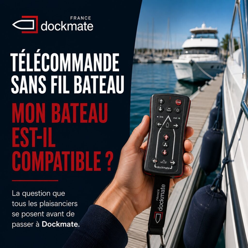 Main tenant une télécommande sans fil Dockmate à quai avec yacht en marina – télécommande sans fil compatible bateau guide motorisation