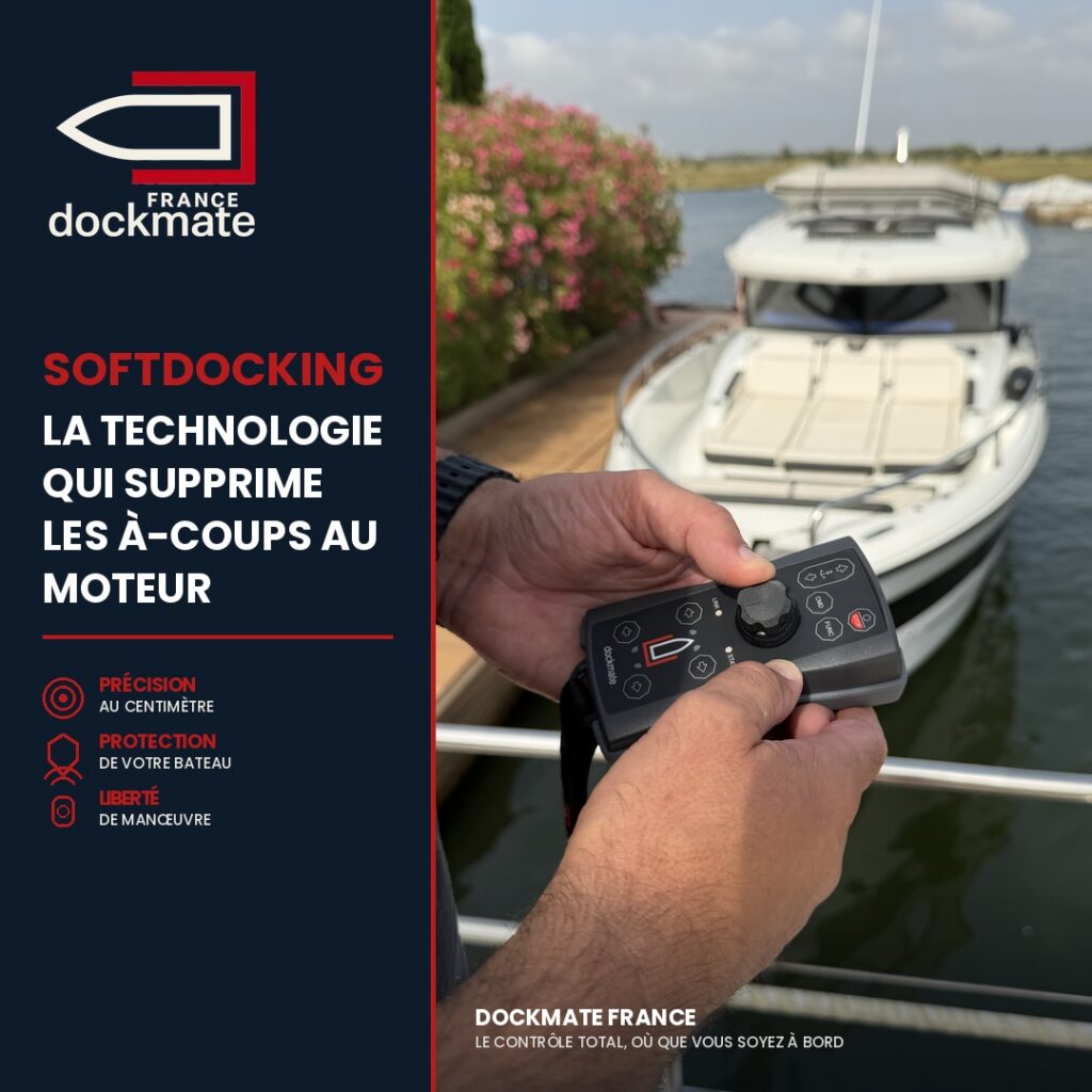 SoftDocking Dockmate remote control used during a smooth docking at the pontoon
