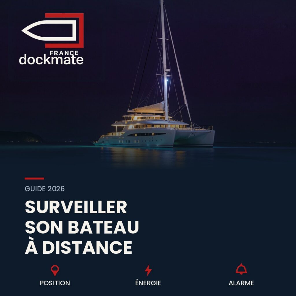 Monitoring your boat remotely: illuminated catamaran at anchor at night, Dockmate France remote control